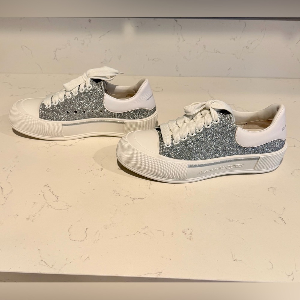 Alexander McQueen Plimsoll White and Silver Athletic Shoes